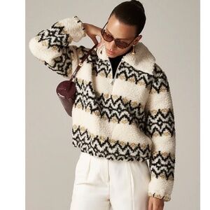 J. CREW Jacquard-Print Sherpa Half Zip Fleece Pullover in Neutrals - S